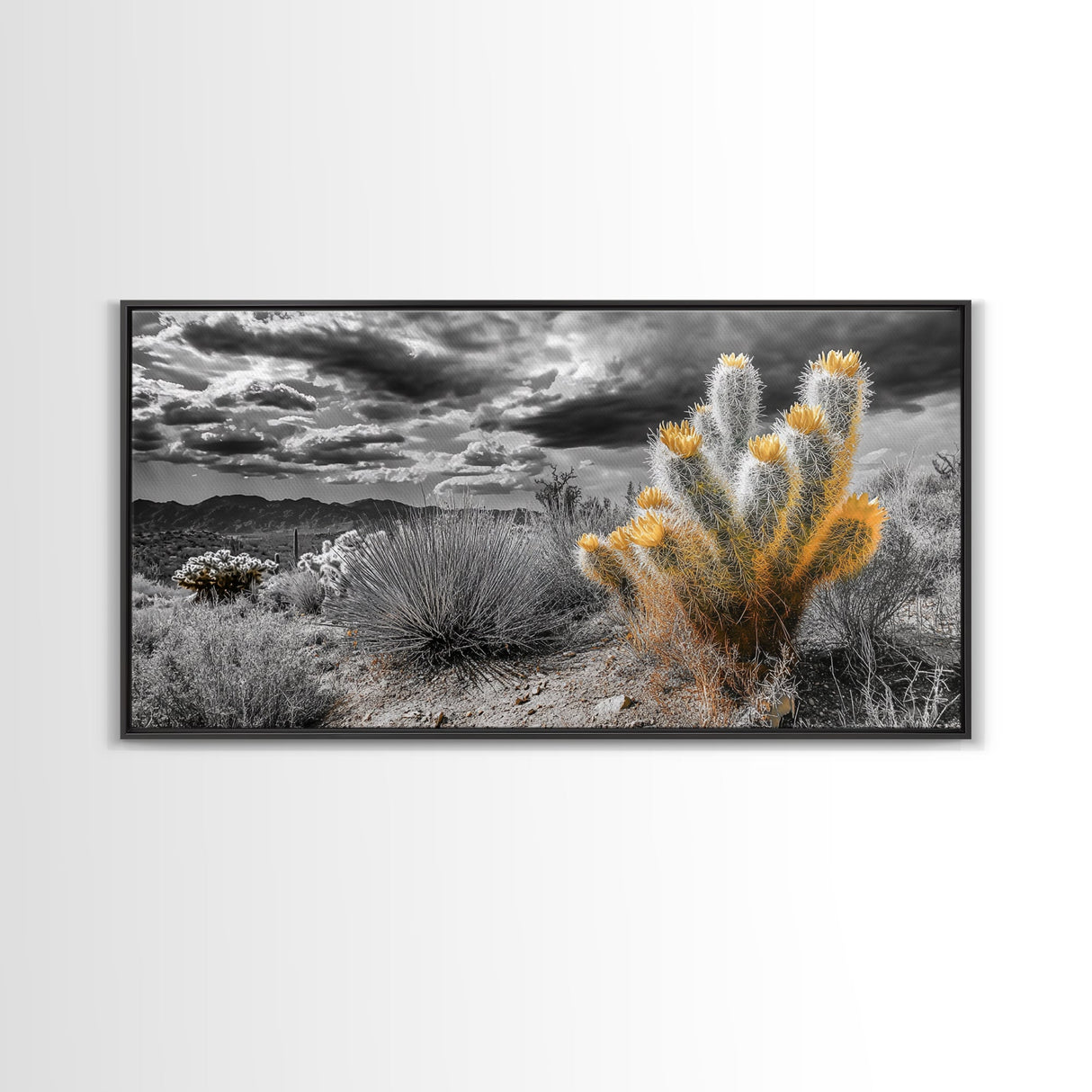 Golden Bloom Cactus, Desert Storm Landscape, Framed Canvas Print, Rustic Decor, Boho Western Art, Entryway Wall Art, Autumn Style