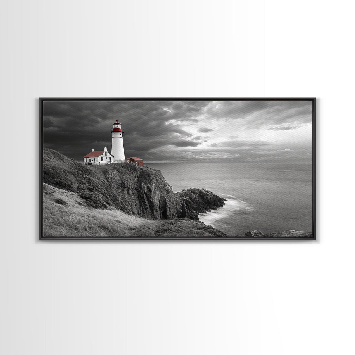 Lighthouse Ocean Storm, Coastal Cliff Light, Framed Canvas Print, Nautical Wall Art, Beach House Decor, Dramatic Sky Scene, Office Art