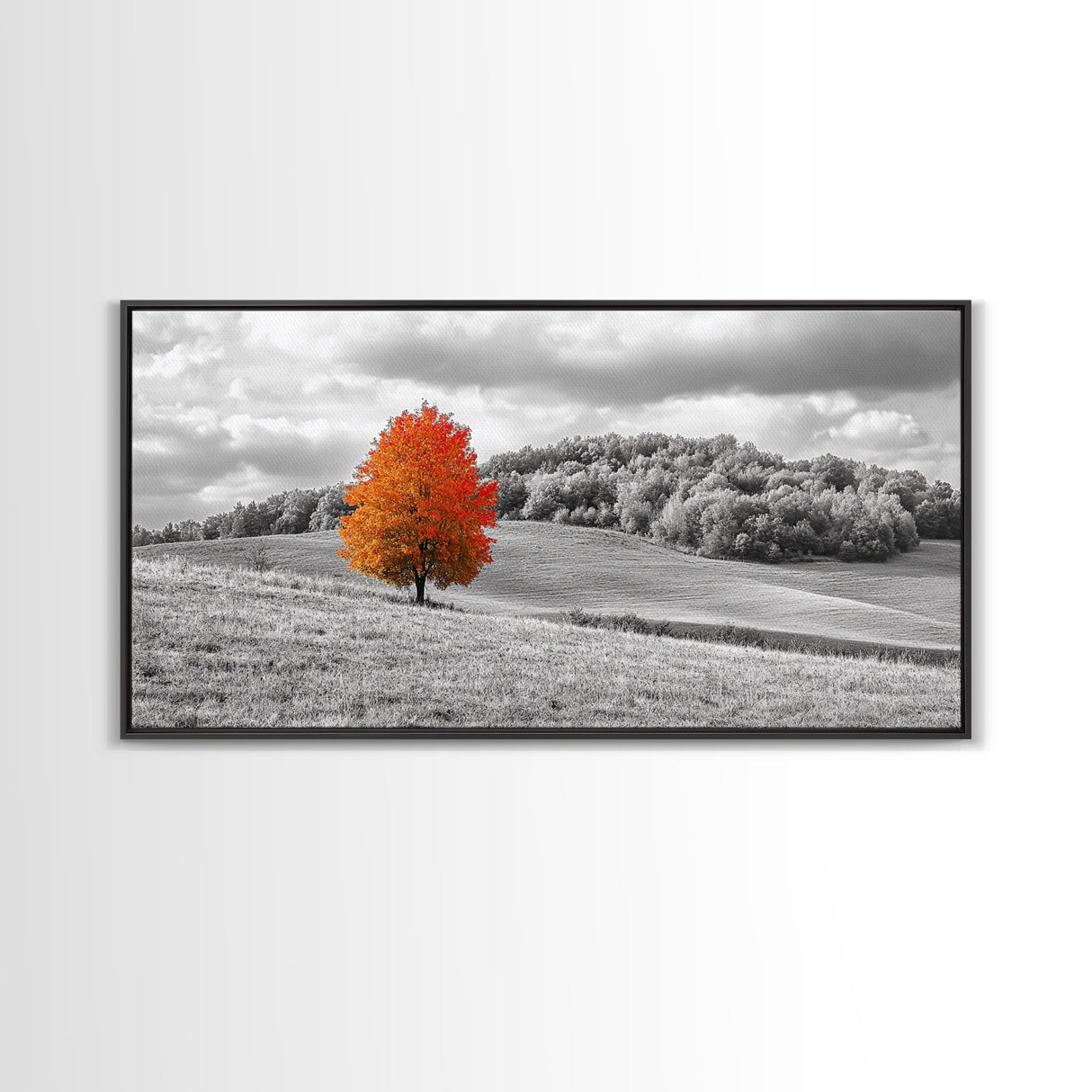 Autumn Tree, Rolling Hills, Minimalist Landscape, Fall Decor, Framed Canvas Print, Office Wall Art, Vibrant Red Orange Tree Scene