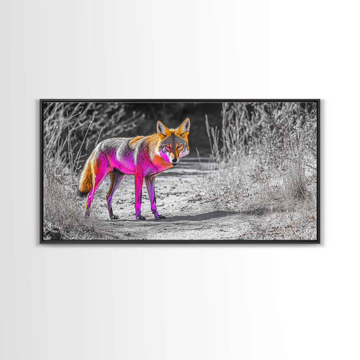 Neon Fox Portrait, Vibrant Wildlife Path Scene, Bright Nature Animal, Framed Canvas Print, Bedroom Wall Art, Psychedelic Animal Style