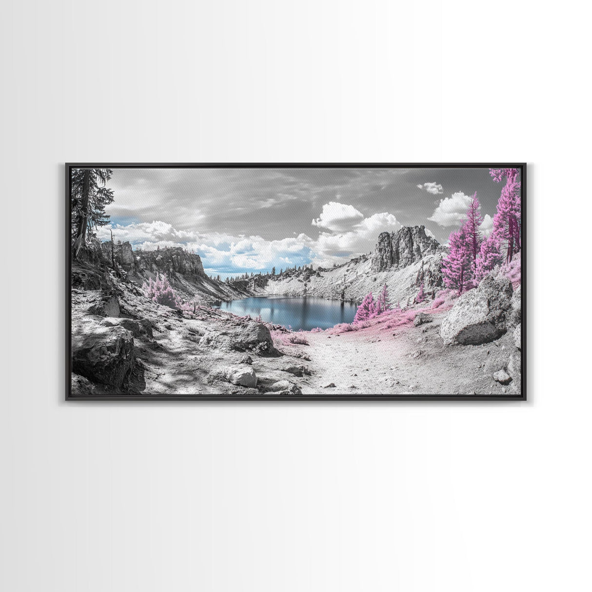 Surreal Landscape, Pink Trees, Mountain Lake, Framed Canvas Print, Fantasy Nature Art, Dreamy Decor, Bedroom Wall Art, Nature Surrealism