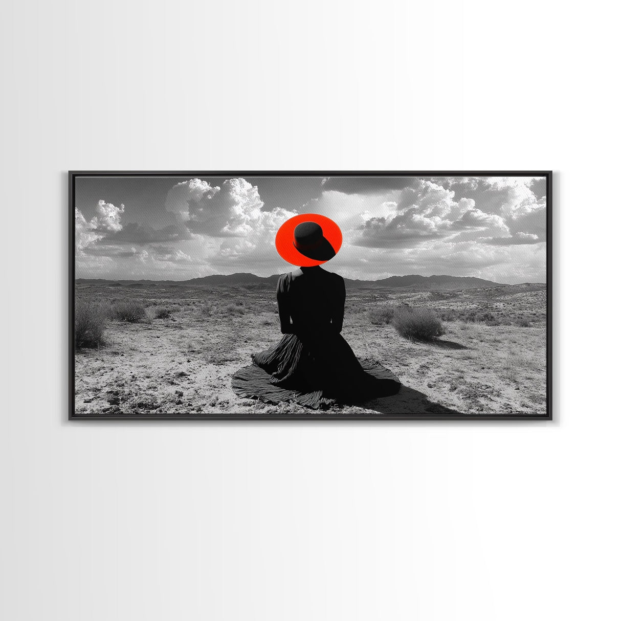 Red Hat Woman, Surreal Desert, Fashion Silhouette, Framed Canvas Print, Minimalist Wall Art, Bold Modern Decor, Bedroom Gallery Style