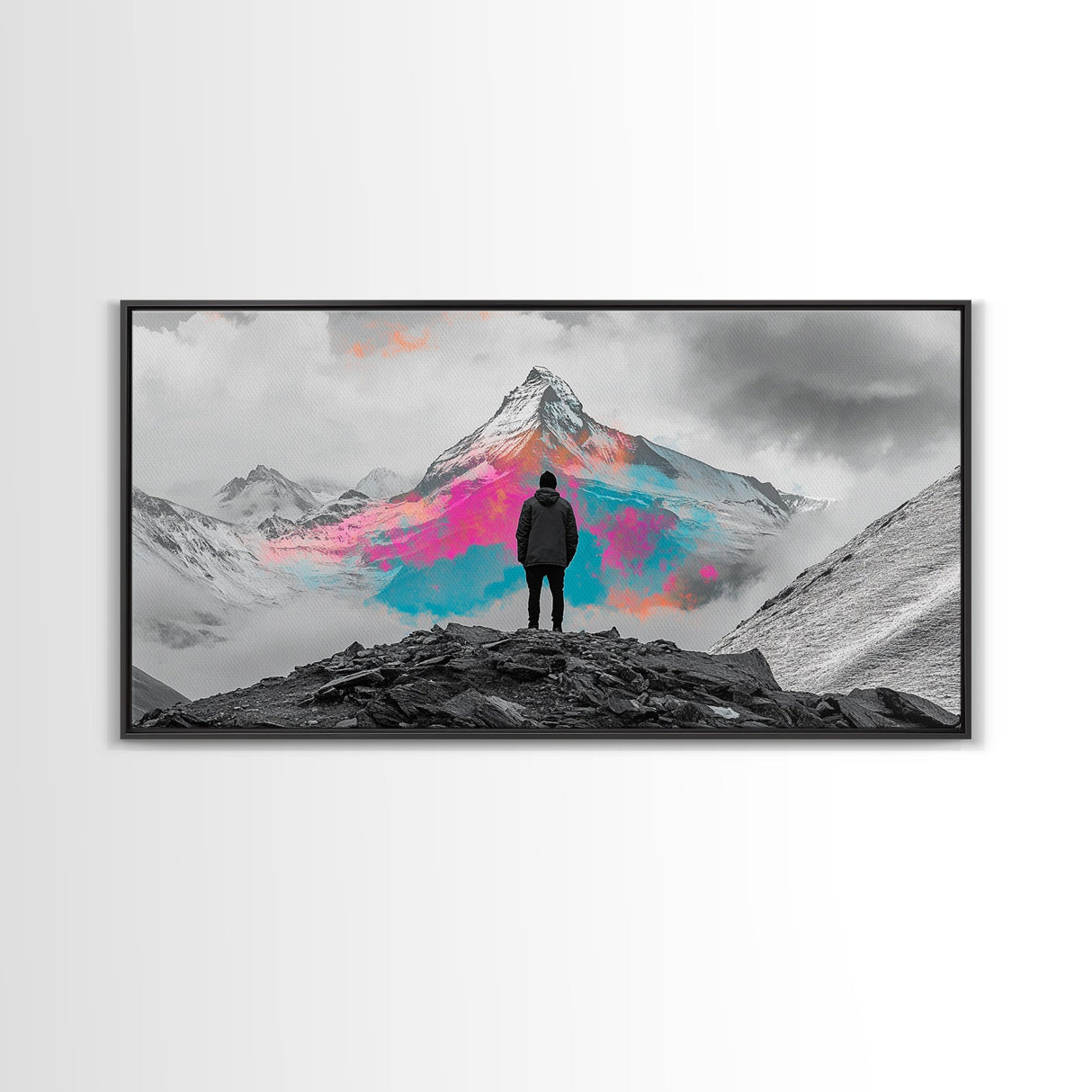 Rainbow Mountain, Vibrant Summit, Hiker Adventure, Canvas Print, Surreal Landscape Art, Wanderlust Wall Decor, Modern Office Artwork