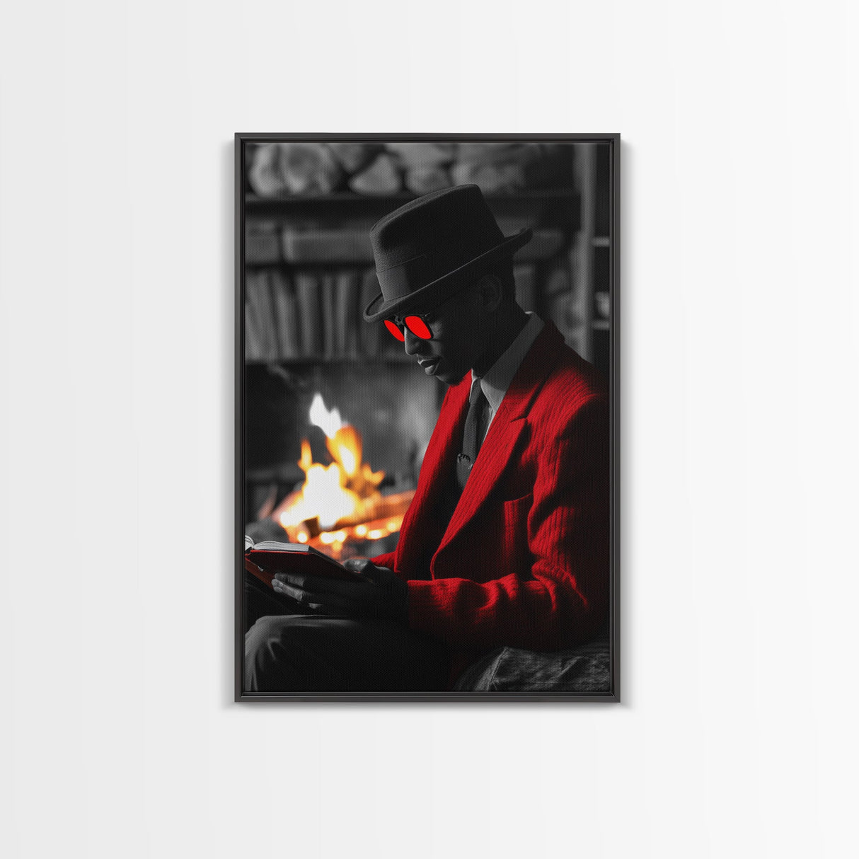 Red Jacket, Reading Firelight, Cozy Vibes, Stylish Man, Framed Canvas Print, Fall Wall Art, Office Decor, Modern Masculine Art