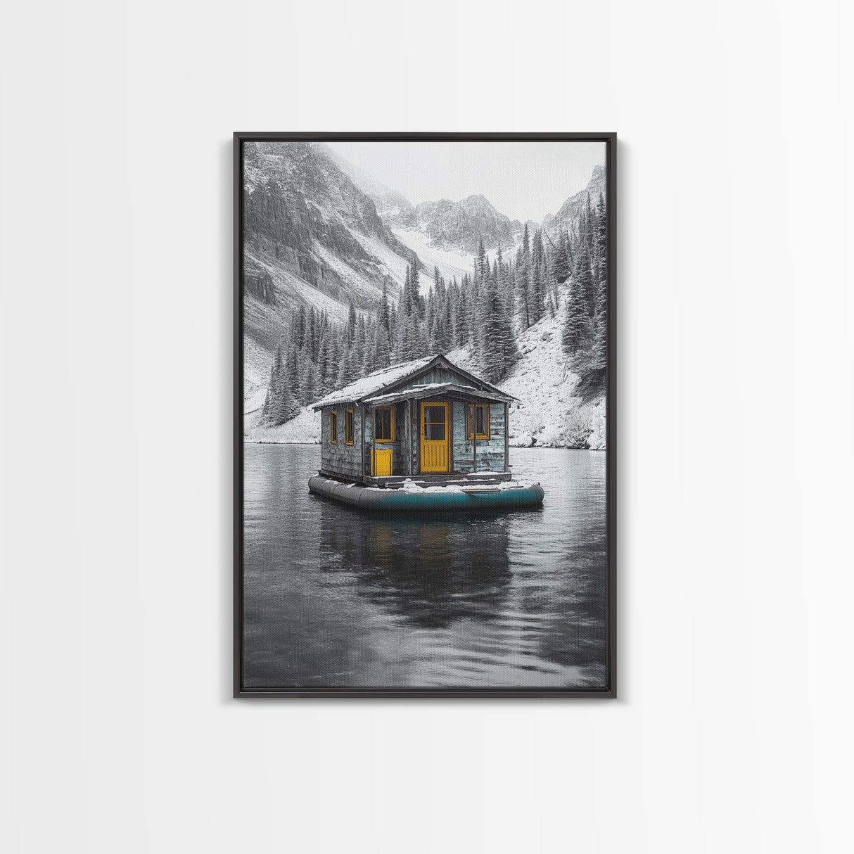 Winter Cabin, Floating House, Snowy Pines, Mountain Lake, Canvas Print, Minimalist Winter Wall Art, Cabin Decor, Neutral Nature Scene