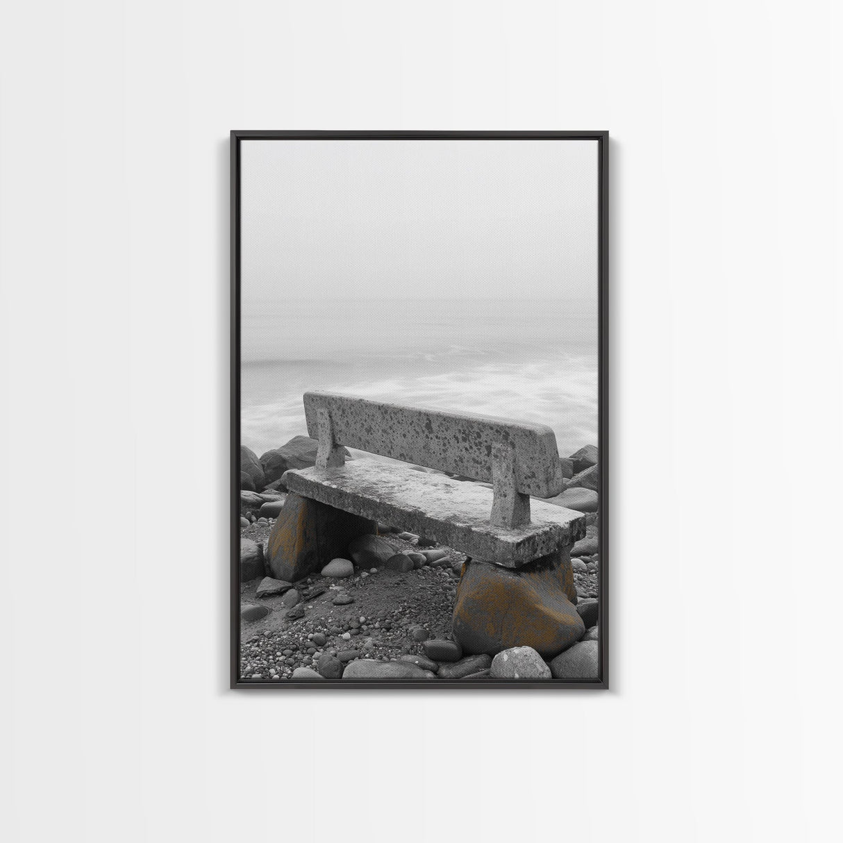Seaside Bench, Rocky Shore, Ocean Fog, Coastal Calm, Framed Canvas Print, Minimalist Beach Art, Coastal Decor, Serene Ocean View