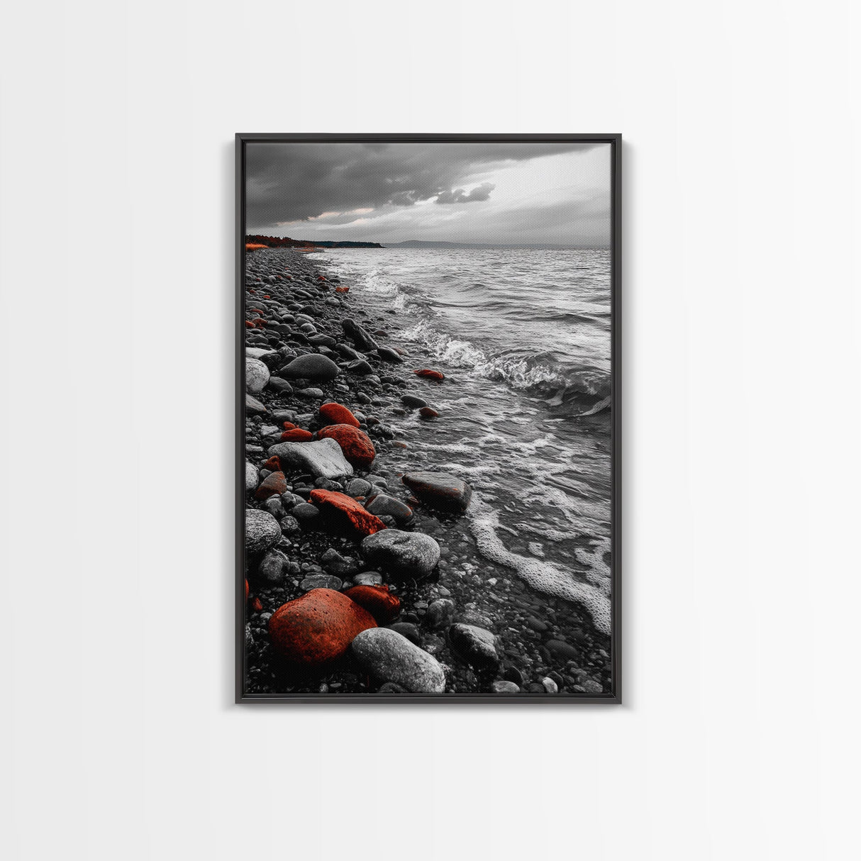Red Shoreline, Bold Pebbles, Coastal Mood, Canvas Print, Nautical Wall Art, Moody Landscape, Black White Red Art, Nature Lover Gift