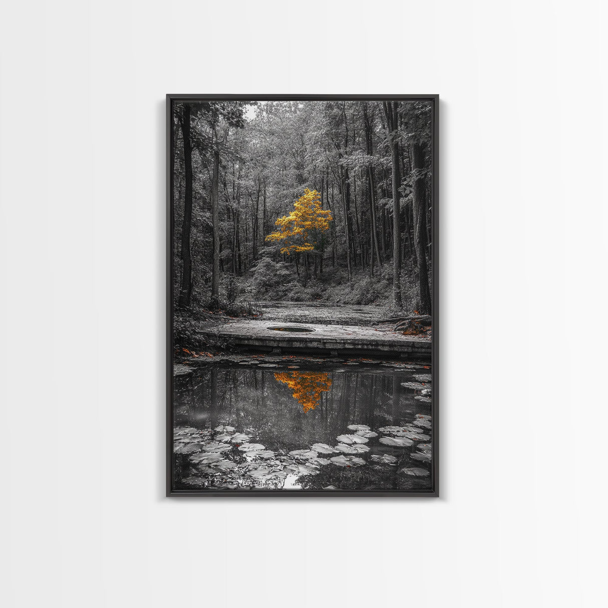 Lone Yellow Tree, Tranquil Pond, Forest Reflection, Canvas Print, Fall Nature Wall Art, Autumn Minimalist Decor, Peaceful Meditation Room