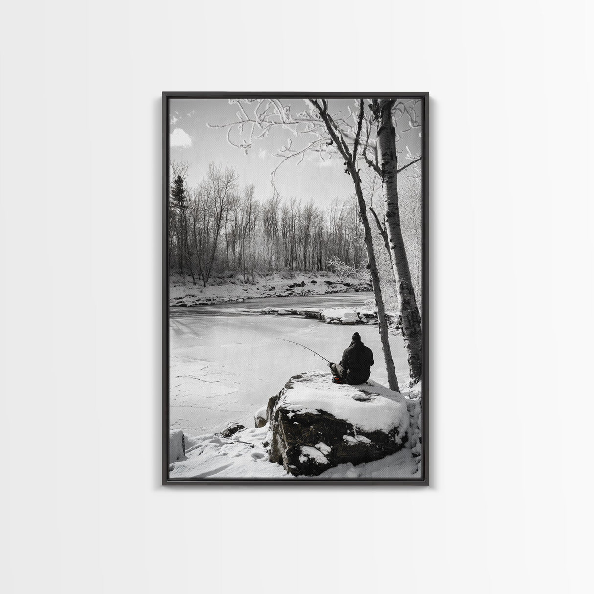 Winter Fishing, Snowy River, Peaceful Solitude, Canvas Print, Cabin Wall Art, Rustic Outdoor Decor, Black White Nature Photography