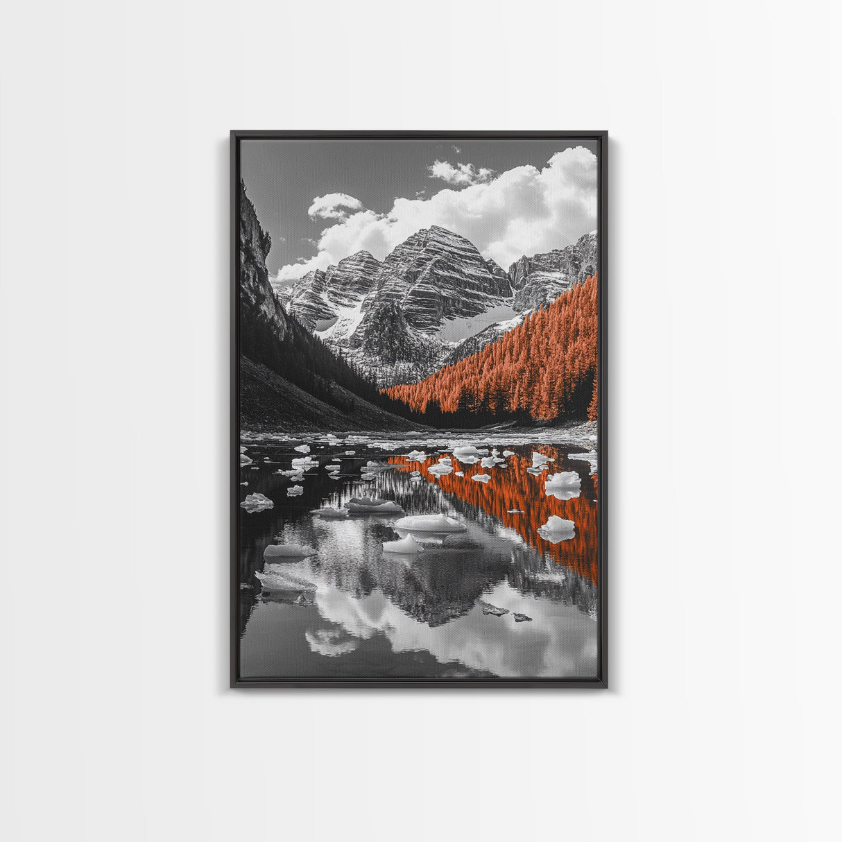 Mountain Reflections, Autumn Pines, Glacial Water Scene, Framed Canvas Print, Fall Landscape Wall Art, Nature Lover Home Decor