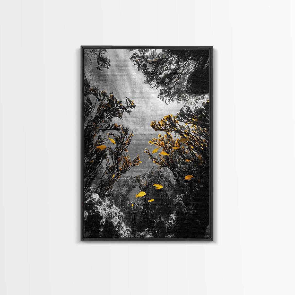 Golden Fish, Kelp Forest, Ethereal Ocean Scene, Framed Canvas Print, Underwater Wall Art, Nature Photography, Bathroom Sea Decor