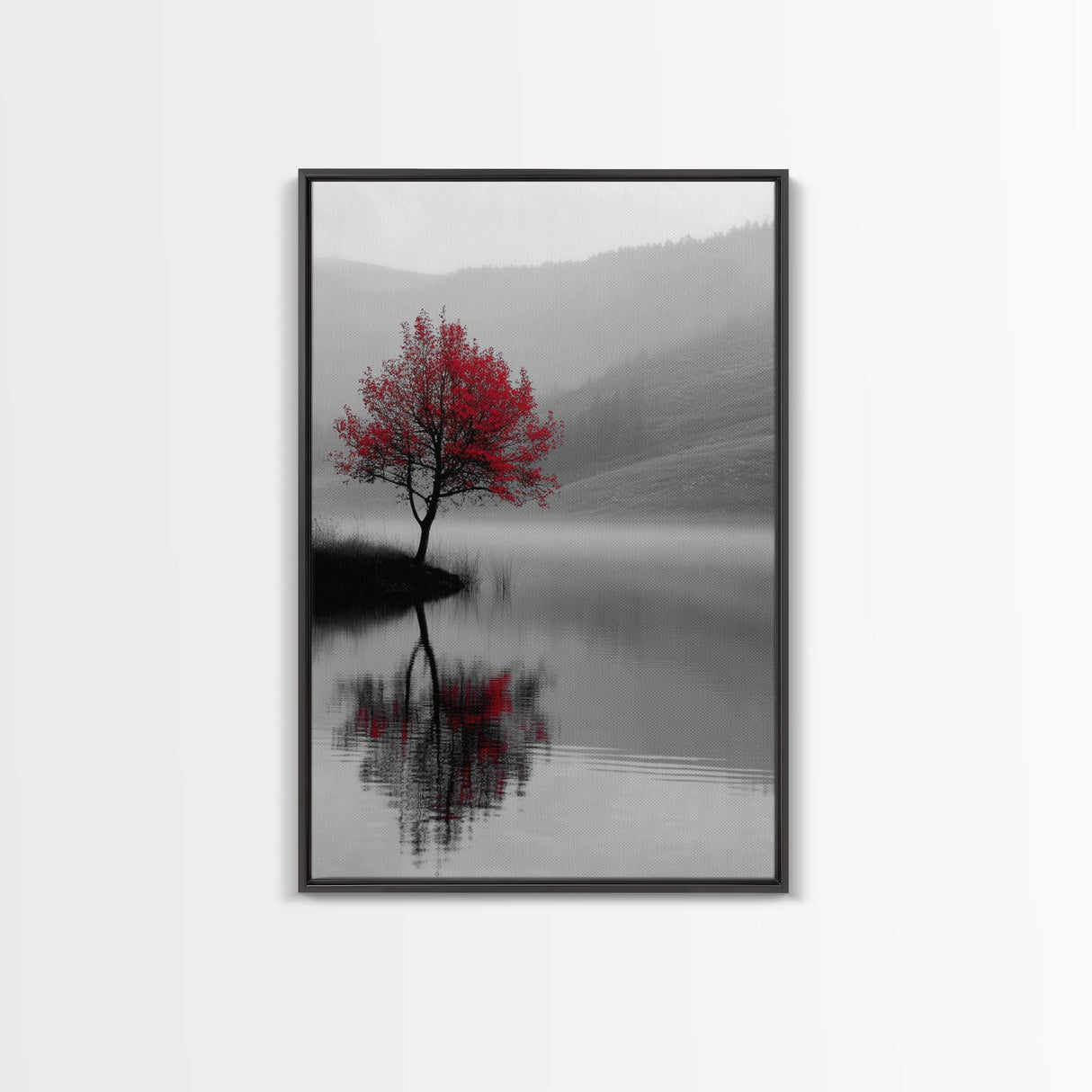 Red Tree, Foggy Lake, Peaceful Landscape Scene, Framed Canvas Print, Autumn Nature Wall Art, Minimalist Fall Decor, Moody Aesthetic