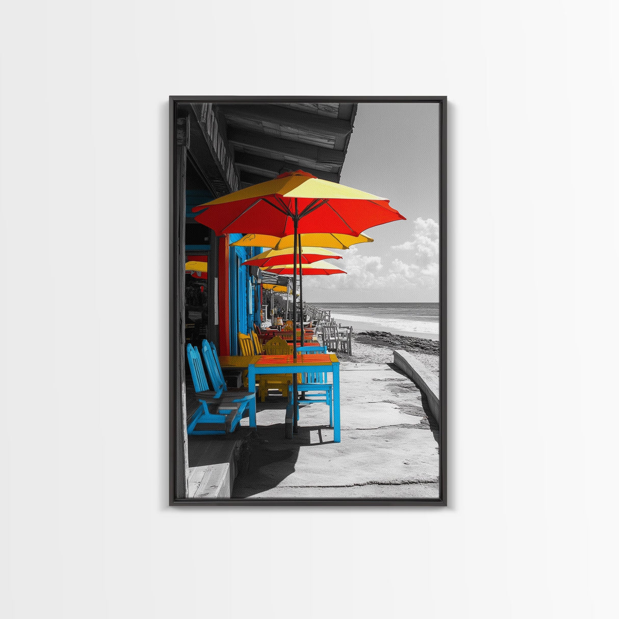 Seaside Café, Colorful Tables, Ocean Dining, Framed Canvas Print, Tropical Wall Art, Kitchen Decor, Bright Coastal Boho Style