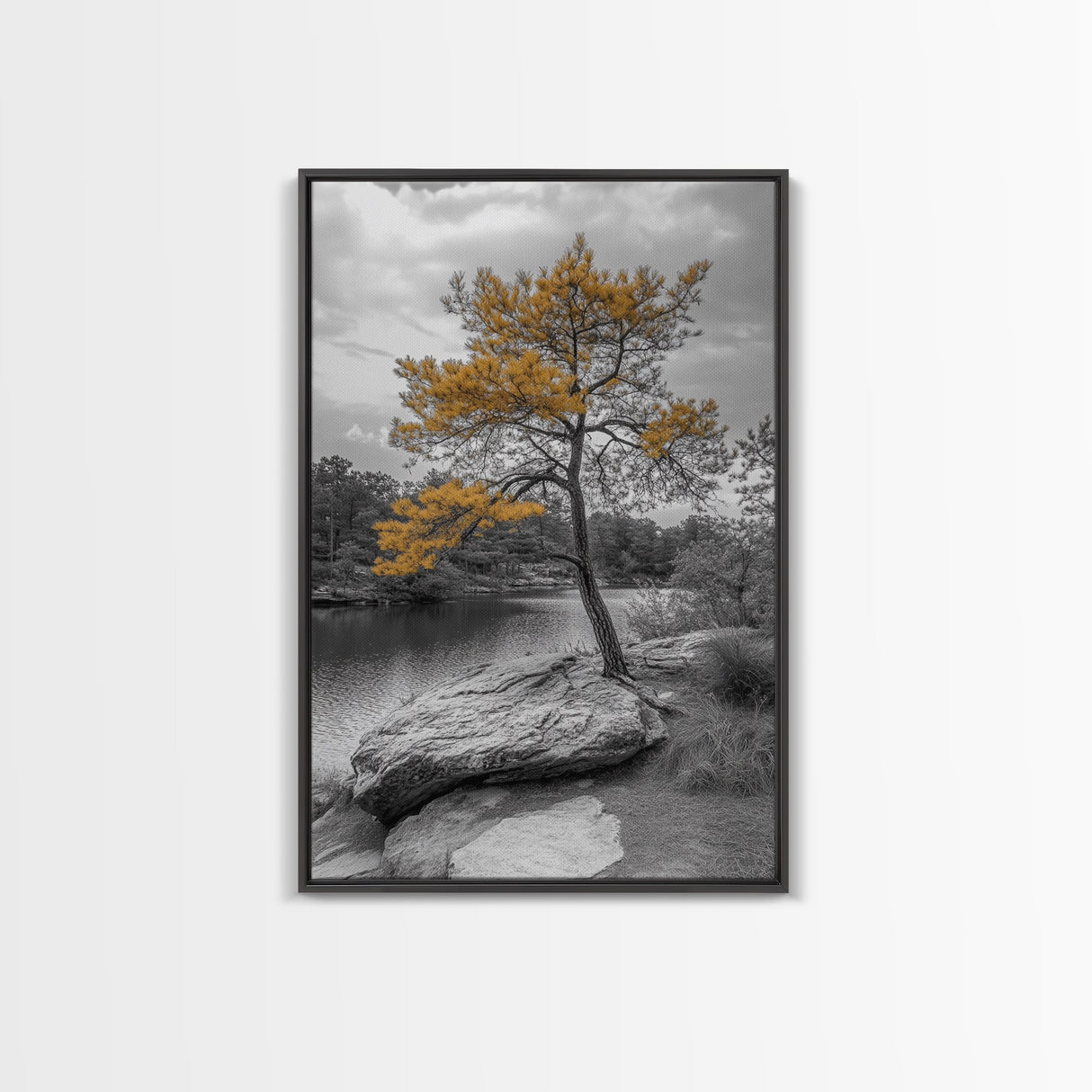 Golden Tree View, Nature Serenity, Fall Lake Art, Peaceful Pine, Framed Canvas Print, living room wall art, minimalist landscape print