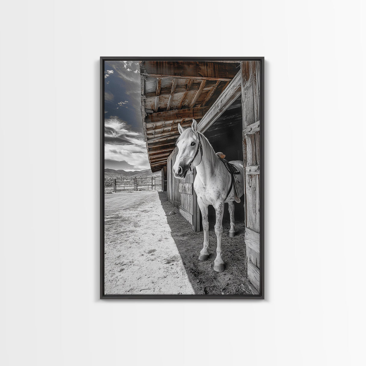 White Horse, Western Ranch, Rustic Stable, Cowboy Framed Canvas Print, Farmhouse Wall Art, Country Living Room Decor, Black White Art
