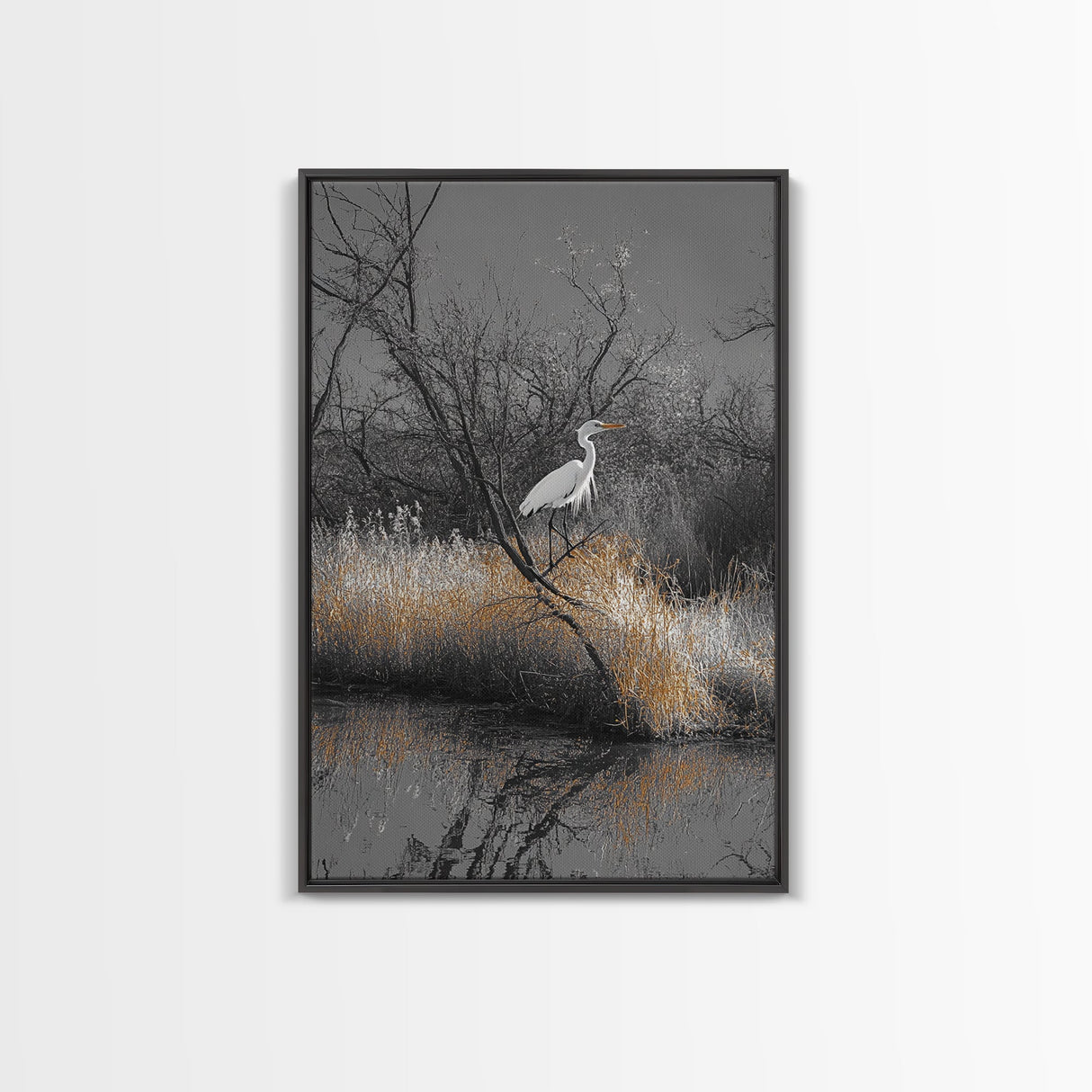 Egret Bird Scene, Autumn Riverbank, Wildlife Nature Print, Moody Wetland Landscape, Framed Canvas Print, Rustic Living Room Wall Art