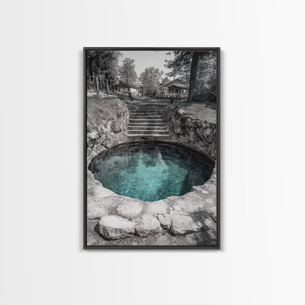 Hidden Spring Pool, Stone Garden Scene, Tranquil Nature Print, Zen Wall Decor, Framed Canvas Print, Minimalist Bathroom Wall Art