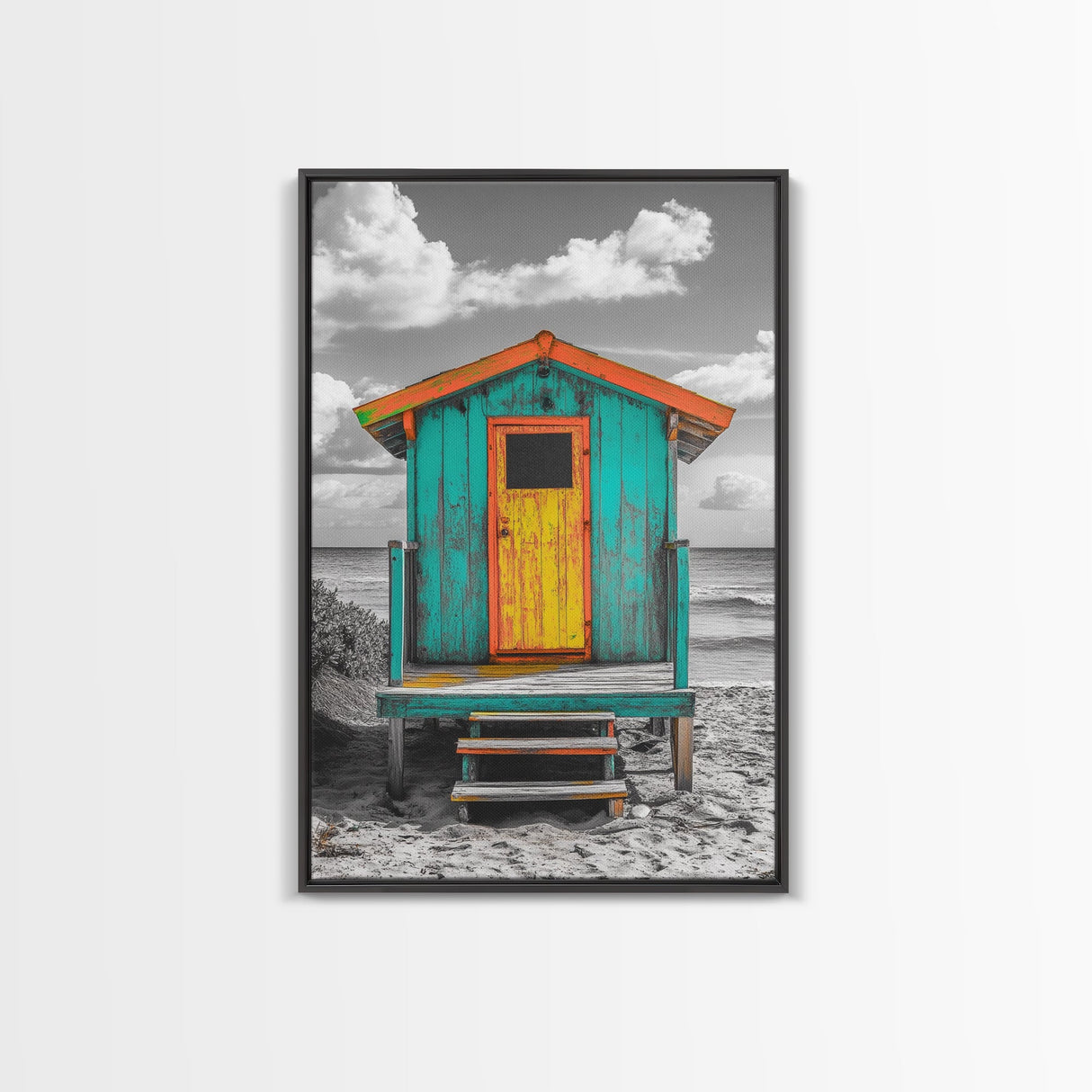 Colorful Beach Hut, Surf Shack, Coastal Cabin, Framed Canvas Print, Tropical Wall Art, Living Room Decor, Bright Summer Home Style