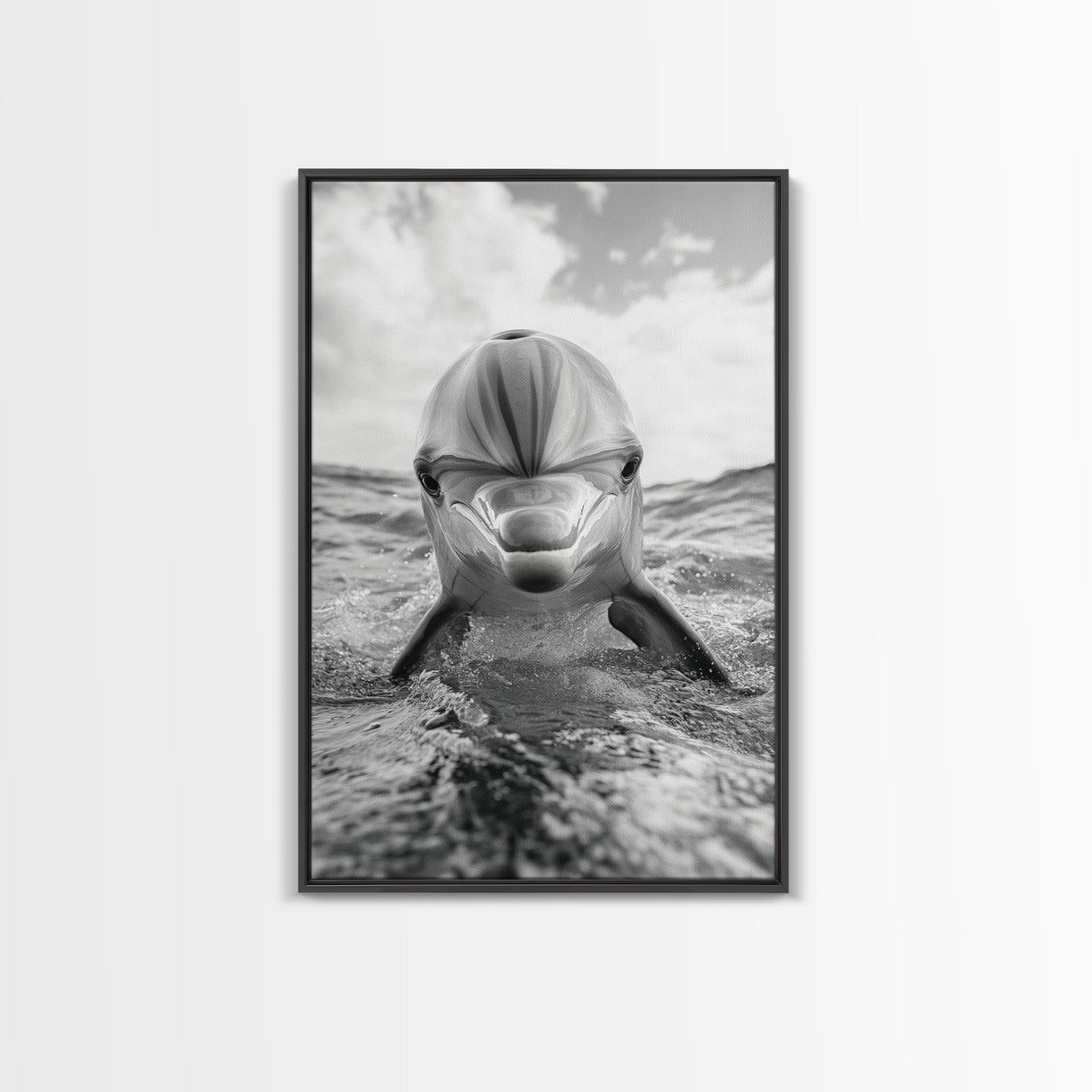 Dolphin Splash, Ocean Encounter, Monochrome Wildlife, Canvas Print, Coastal Wall Art, Bathroom Decor, Marine Animal Photography