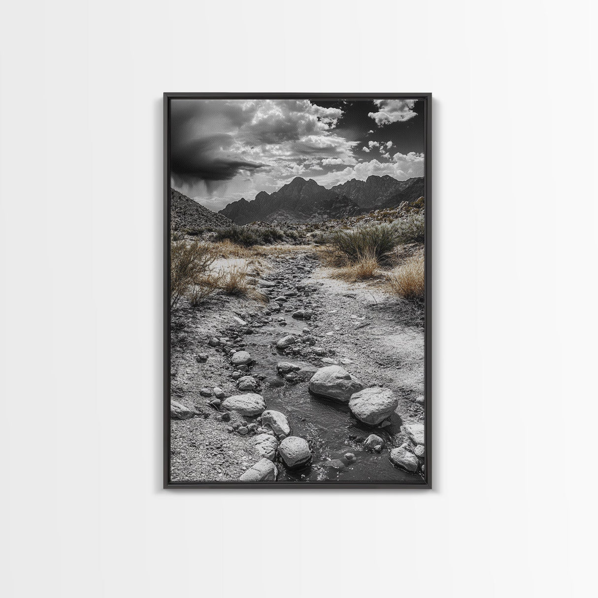 Desert Stream, Rocky Canyon, Moody Sky, Framed Canvas Print, Monochrome Landscape, Minimalist Art, Office or Entryway Decor