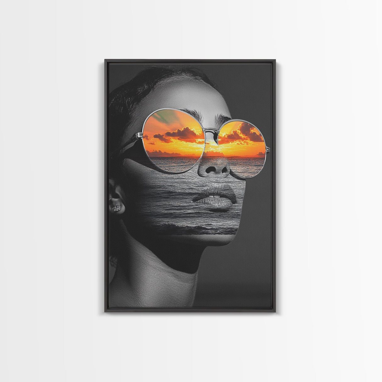 Surreal Sunset Face, Ocean Reflection, Fashion Photography, Abstract Beauty, Framed Canvas Print, Bedroom Wall Art, Modern Pop Art