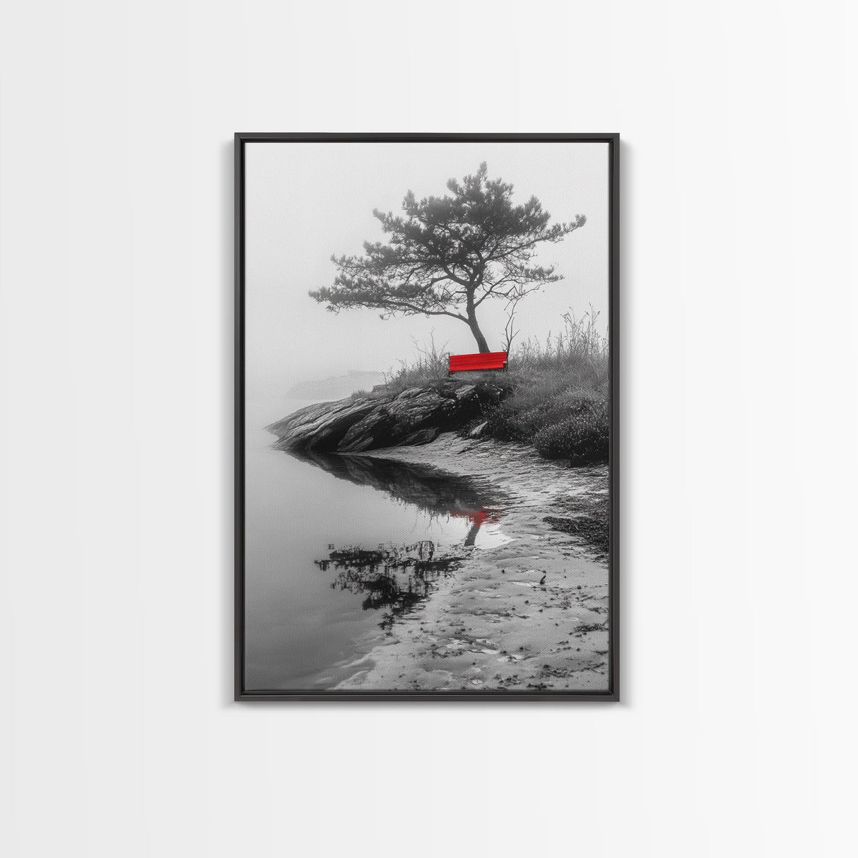 Red Bench, Misty Shore, Solitude Scene, Moody Fog Art, Framed Canvas Print, Minimalist Wall Art, Meditative Decor, Entryway Accent