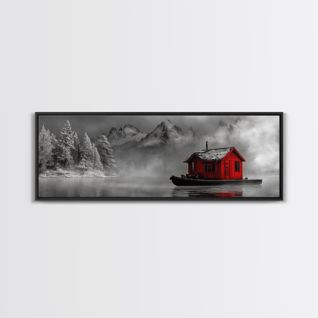Red Cabin in Fog, Mountain Lake Boat House, Canvas Print, Winter Lodge Wall Art, Moody Nature Decor, Black and White Landscape Art