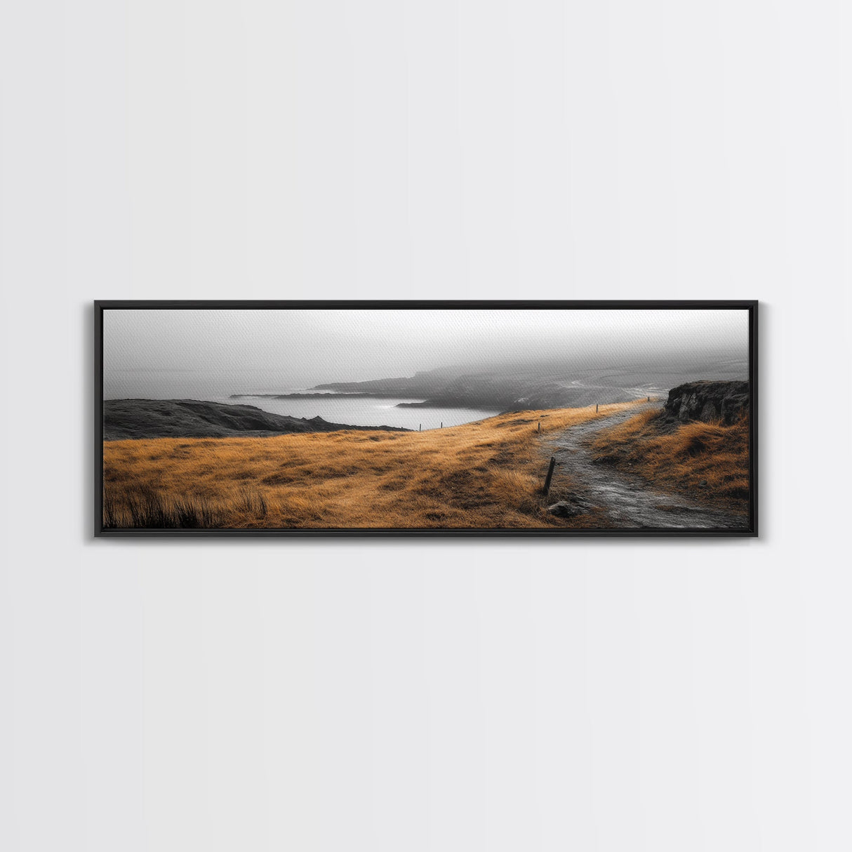 Coastal Cliff Path, Golden Grasses by Sea, Canvas Print, Autumn Hiking Scene, Misty Nature Wall Art, Hallway Landscape Photography