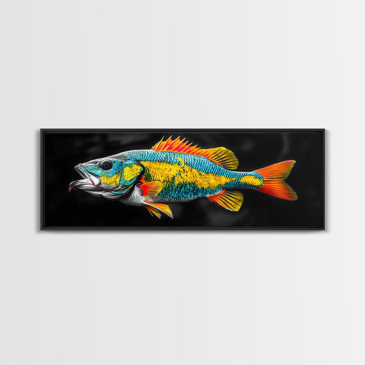 Tropical Fish, Vibrant Colors, Bold Sea Life, Black Background, Framed Canvas Print, Kitchen Wall Art, Modern Coastal Art