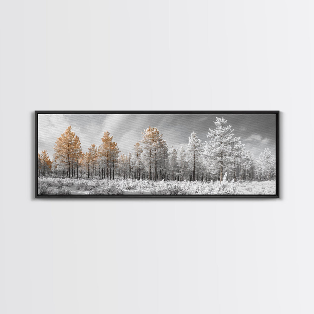 Snowy Forest Landscape, Frosted Pine Trees, Winter Wonderland Scene, Framed Canvas Print, Nordic Minimalist, Holiday Wall Art