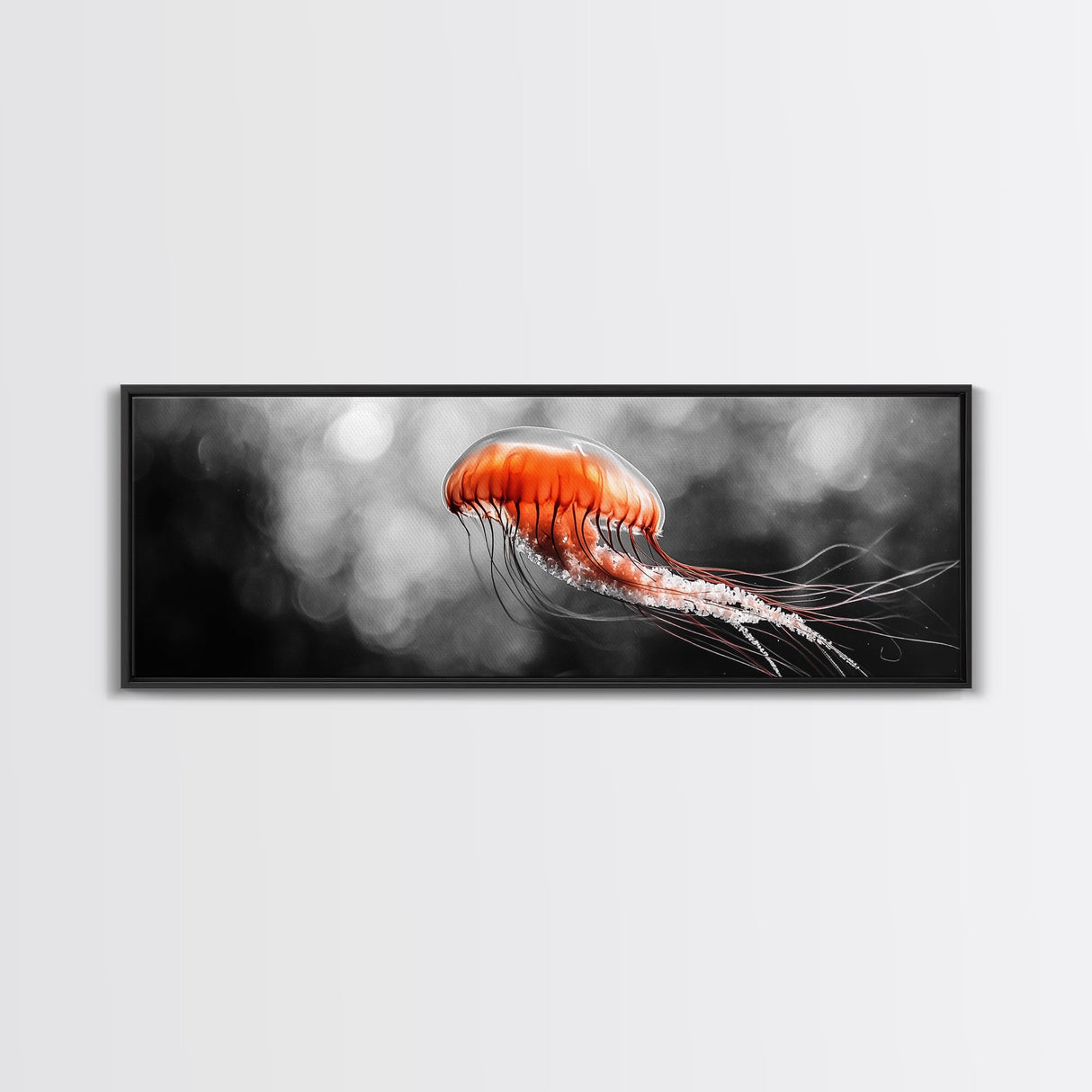 Jellyfish Glow, Ocean Depths, Abstract Sea Life, Framed Canvas Print, marine animal art, coastal bathroom decor, modern underwater wall art