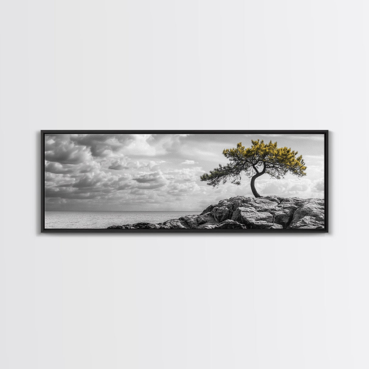 Lone Tree Cliff, Windy Ocean View, Golden Branches, Canvas Print, Moody Landscape Art, Neutral Tones, Office Wall Decor, Minimalist Style