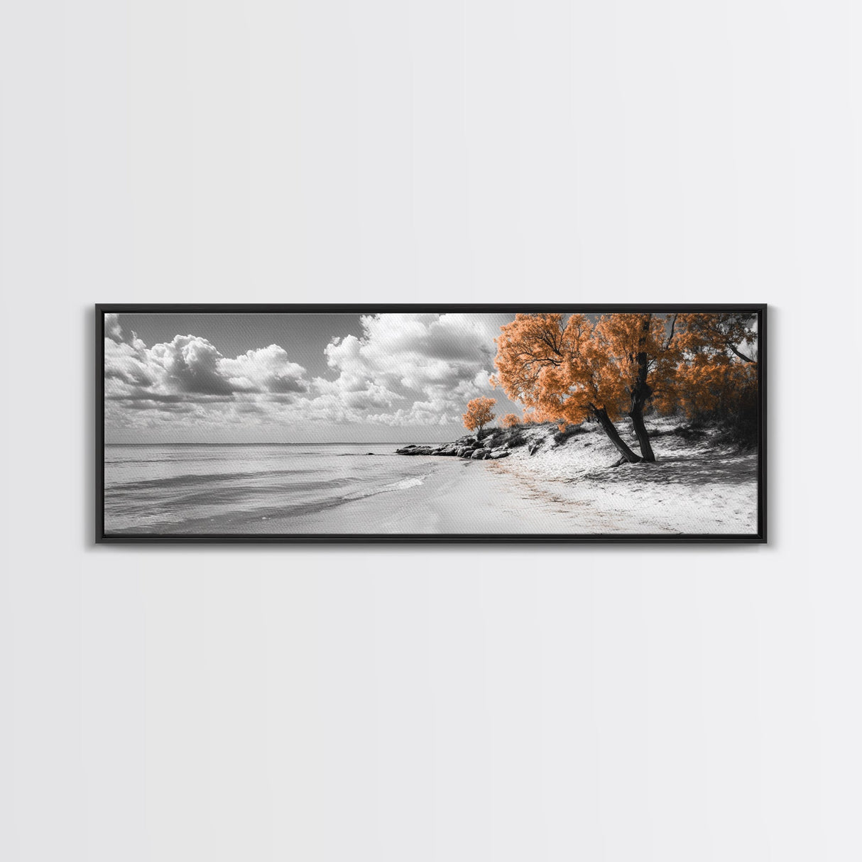 Sandy Beach Trees, Golden Autumn Coastline, Cloudy Sky Horizon, Canvas Print, Nature Coastal Art, Bathroom Wall Decor, Boho Fall Aesthetic