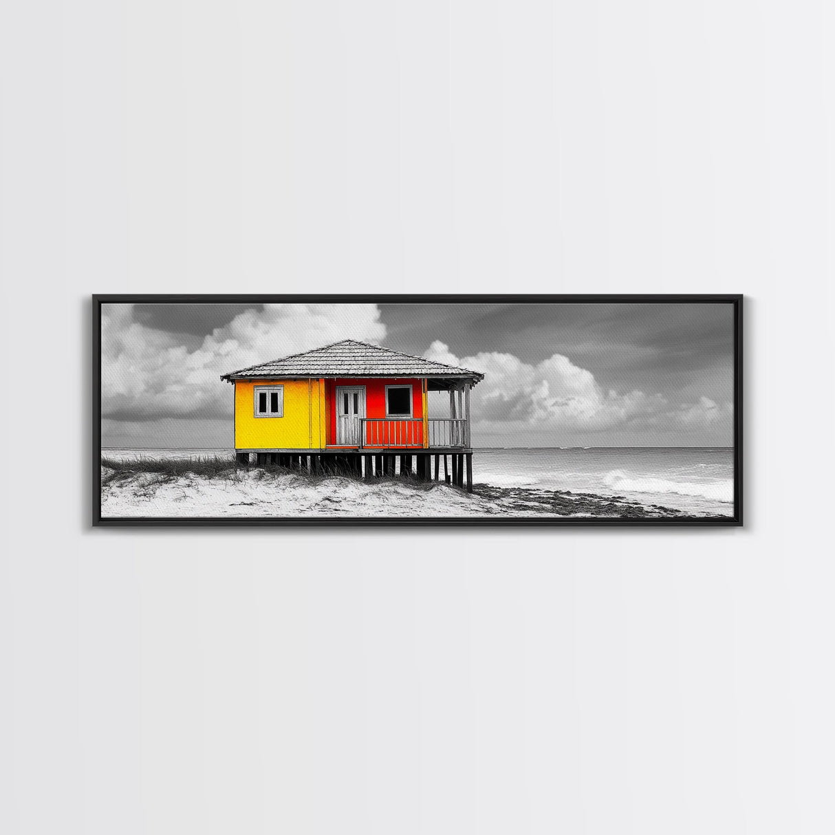 Yellow Cabin, Seaside Shack, Color Pop, Coastal Vibes, Framed Canvas Print, Beach House Wall Art, Bold Nautical Decoretic