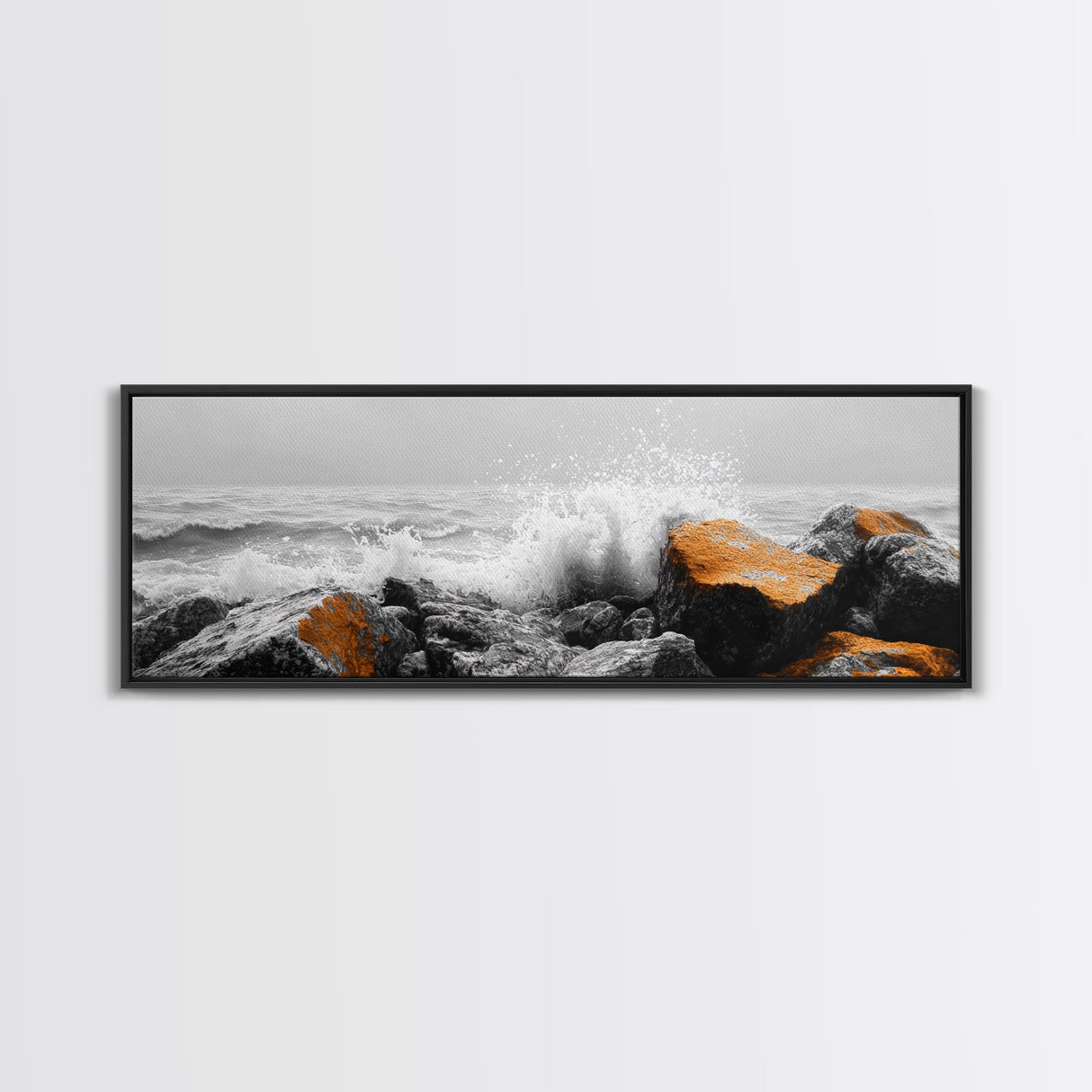 Orange Splash Rocks, Coastal Waves, Sea Spray Art, Canvas Print, Modern Beach Decor, Nature Wall Art, Bold Ocean Landscape