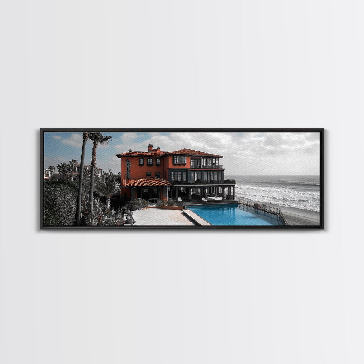 Coastal Villa, Ocean View, Infinity Pool, Sunset Escape, Framed Canvas Print, Beach House Decor, Mediterranean Art, Living Room Wall Art