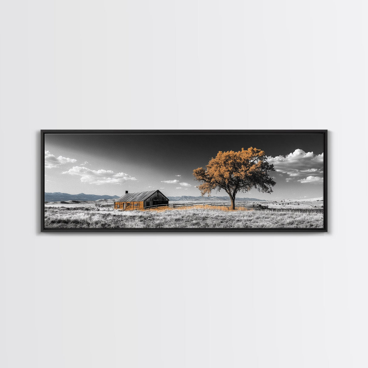 Prairie Cabin, Golden Tree, Rural Landscape, Open Sky, Framed Canvas Print, Country Decor, Farmhouse Wall Art, Rustic Bedroom Style