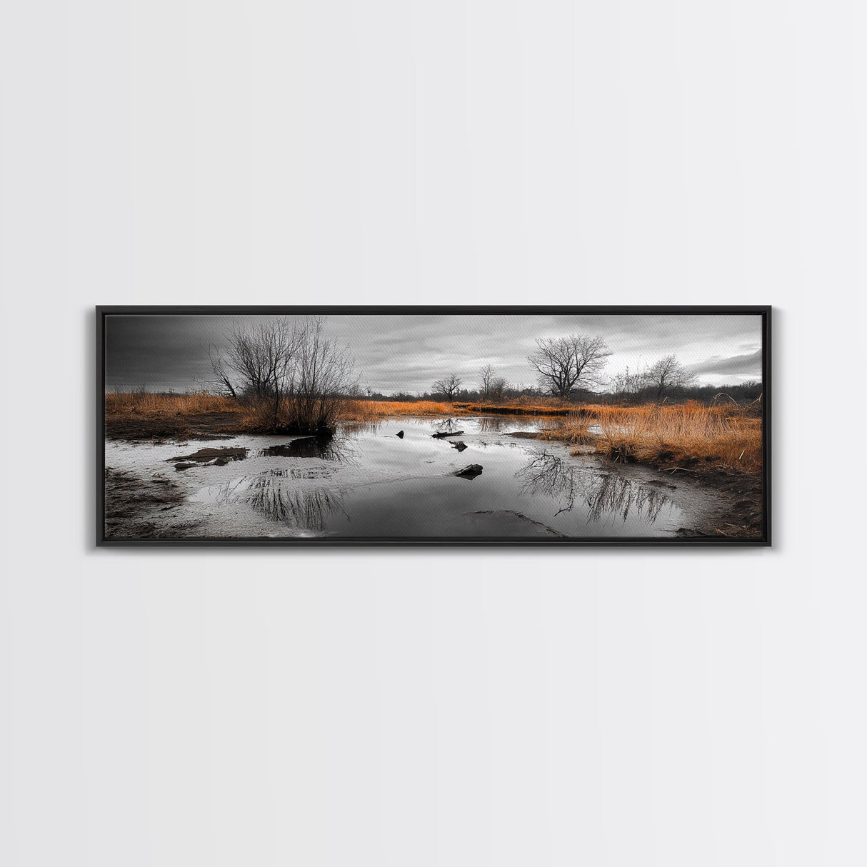 Marshland Autumn, Nature Landscape, Golden Hour Swamp View, Framed Canvas Print, Rustic Fall Home Decor, Entryway or Office Wall Art