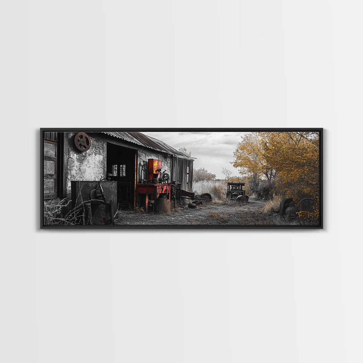 Abandoned Workshop, Rural Americana Scene, Autumn Landscape, Canvas Print, Farmhouse Decor, Rustic Fall Entryway or Garage Wall Art