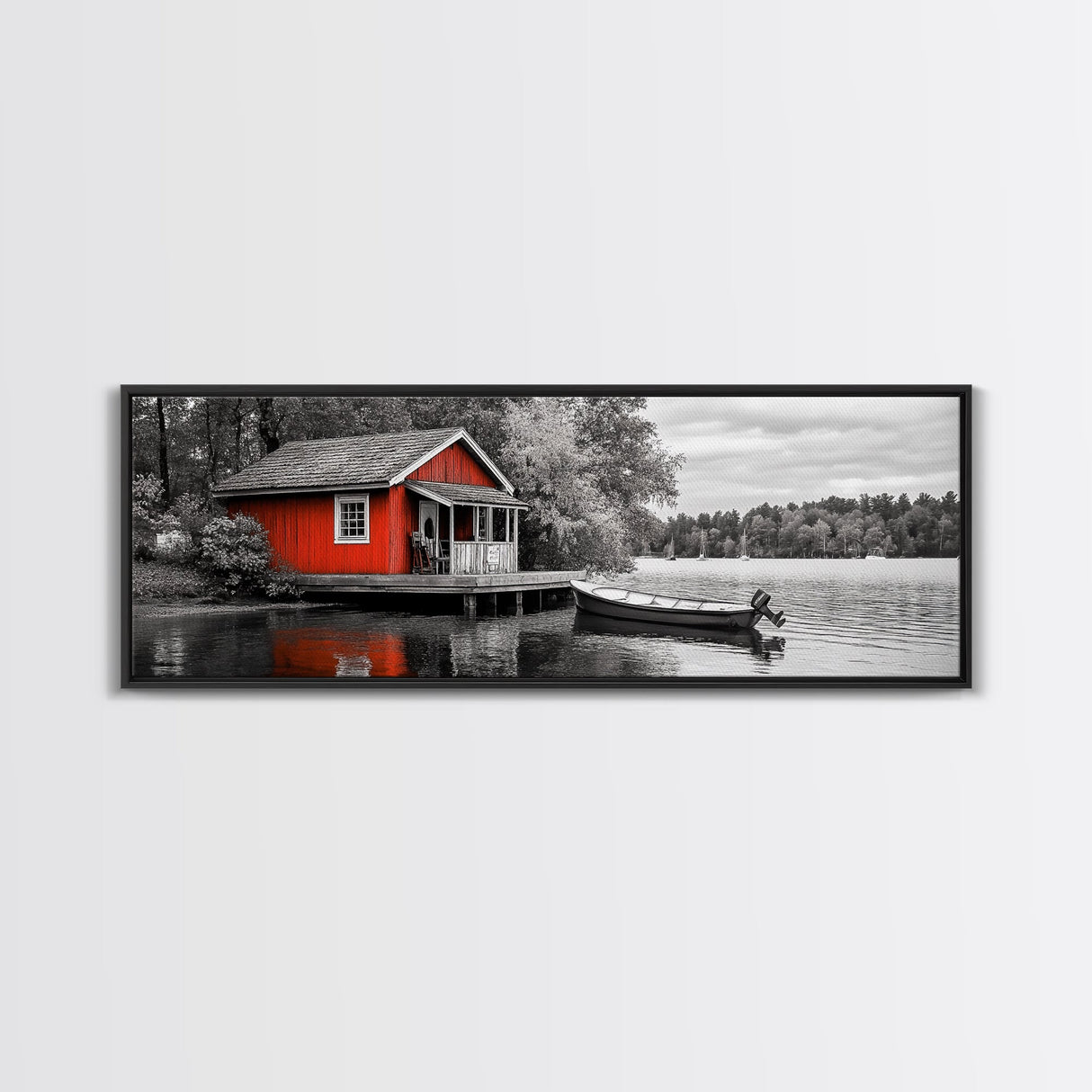 Lakeside Cabin Red, Boat House Retreat, Serene Waterfront, Autumn Color Pop, Canvas Print, Cozy Living Room Wall Art, Nature Home Decor