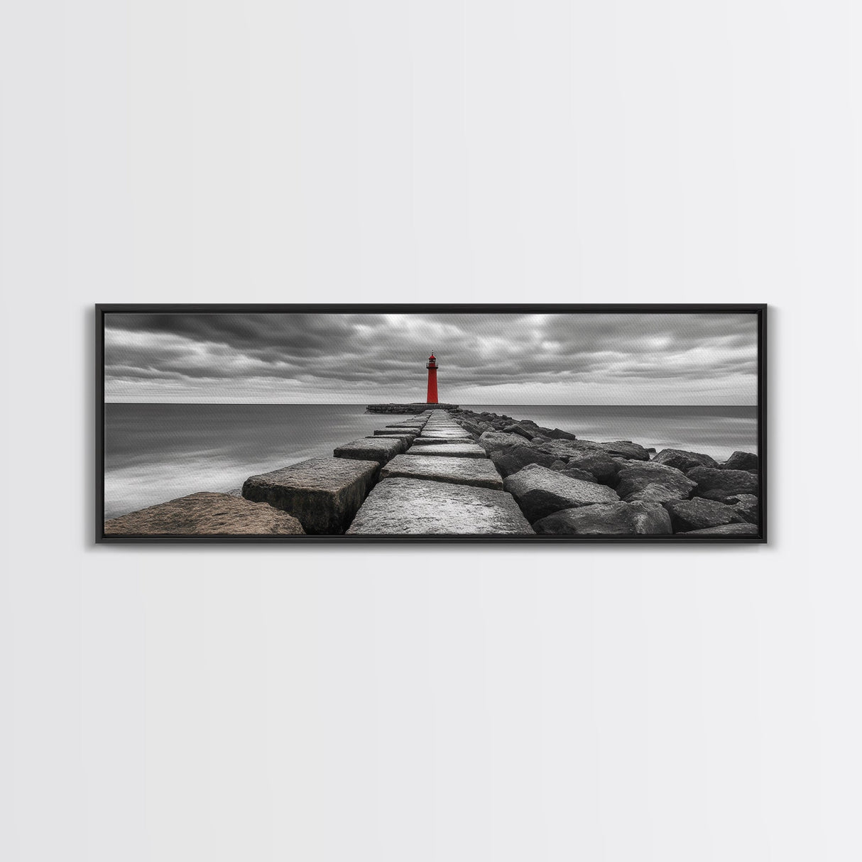 Red Lighthouse Coast, Seaside Rock Jetty, Stormy Sky Mood, Nautical Beacon View, Canvas Print, Bathroom Wall Art, Coastal Modern Decor