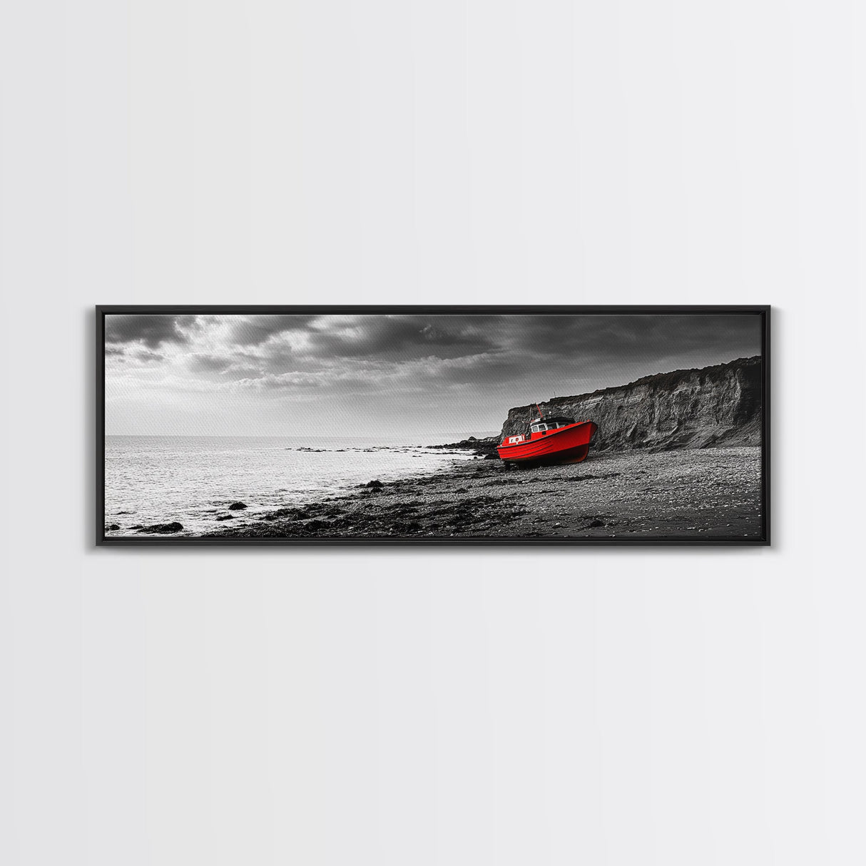 Red Boat, Rocky Shore, Dramatic Sky, Abandoned Vessel, Framed Canvas Print, Nautical Living Room Art, Moody Coastal Home Decor