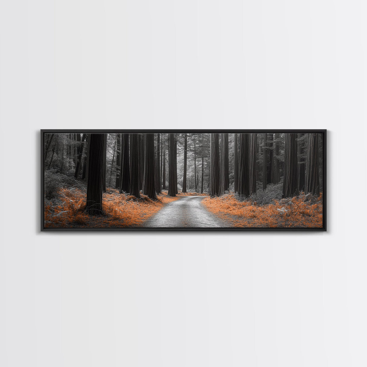 Redwood Forest Path, Serene Nature Trail, Autumn Ground Cover, Framed Canvas Print, Fall Wall Art, Rustic Home Decor, Woodland Scene