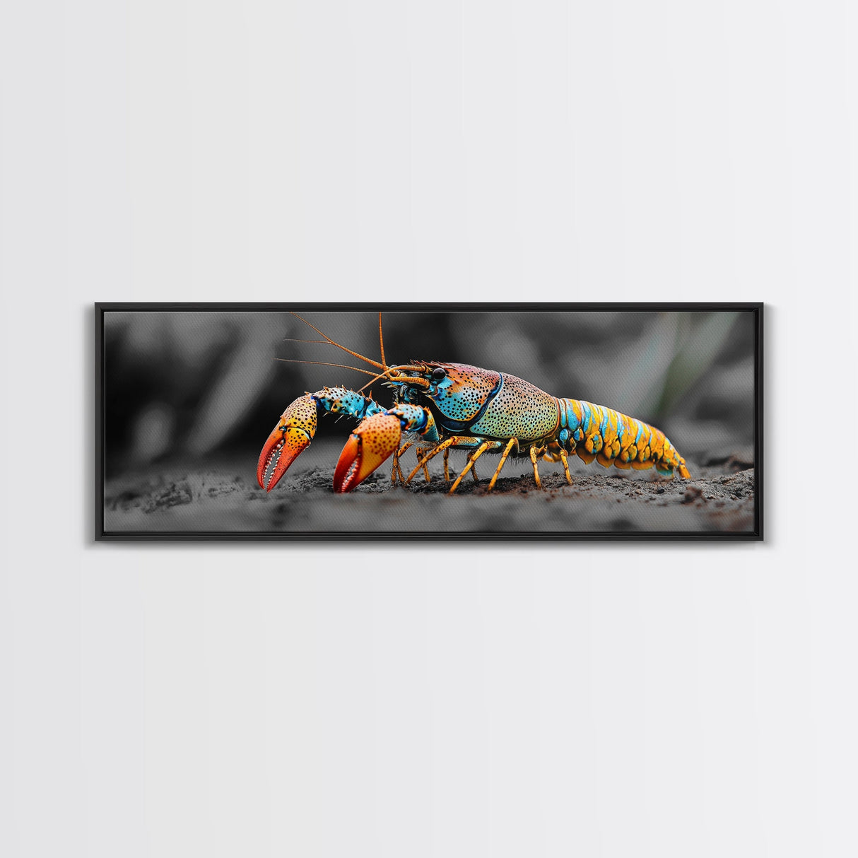 Rainbow Lobster Macro, Exotic Crustacean Art, Vivid Ocean Creature, Framed Canvas Print, Kitchen Wall Art, Coastal Nature Decor