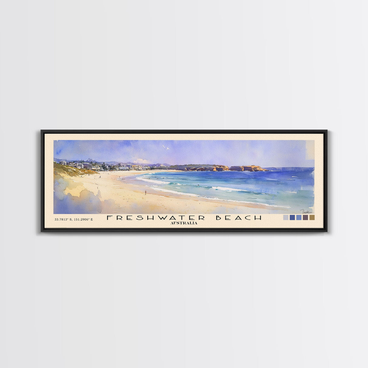 Freshwater Beach, Australia Watercolor Beach Print, Vacation Gift, Australia Wall Art, Framed Canvas Print, Framed Beach Painting