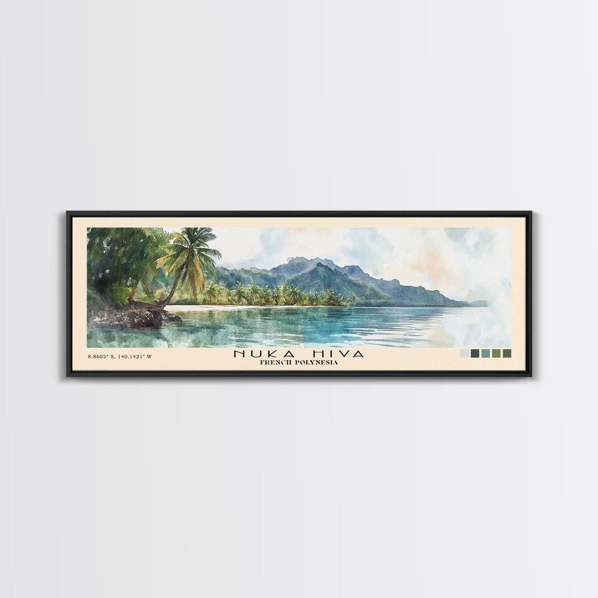 Nuka Hiva, French Polynesia Watercolor Beach Print, Vacation Gift, French Polynesia Wall Art, Framed Canvas Print, Framed Beach Painting