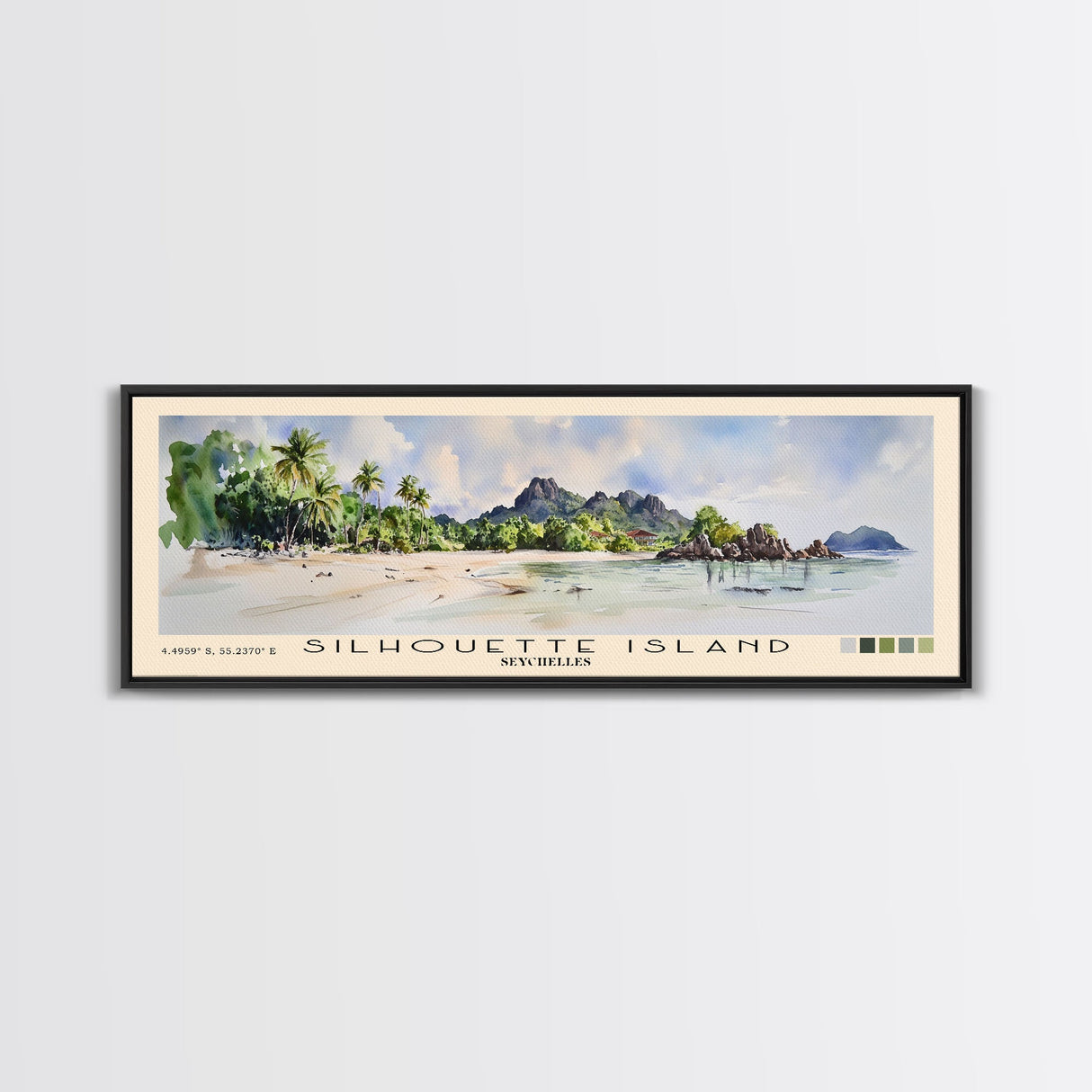 Silhouette Island, Seychelles Watercolor Print, Vacation Gift, Seychelles Wall Art, Beach Painting, Beach Decor, Large Wall Art, Wood Frame Art