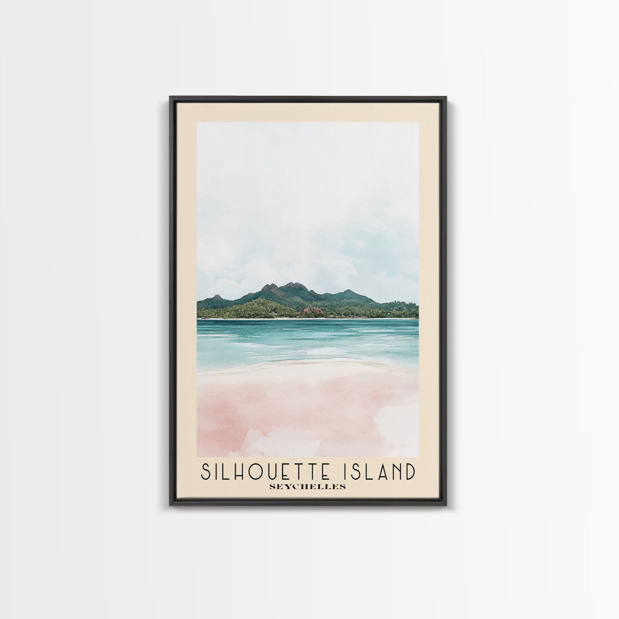 Silhouette Island, Seychelles Watercolor Print, Vacation Gift, Seychelles Wall Art, Beach Painting, Beach Decor, Large Wall Art, Wood Frame Art