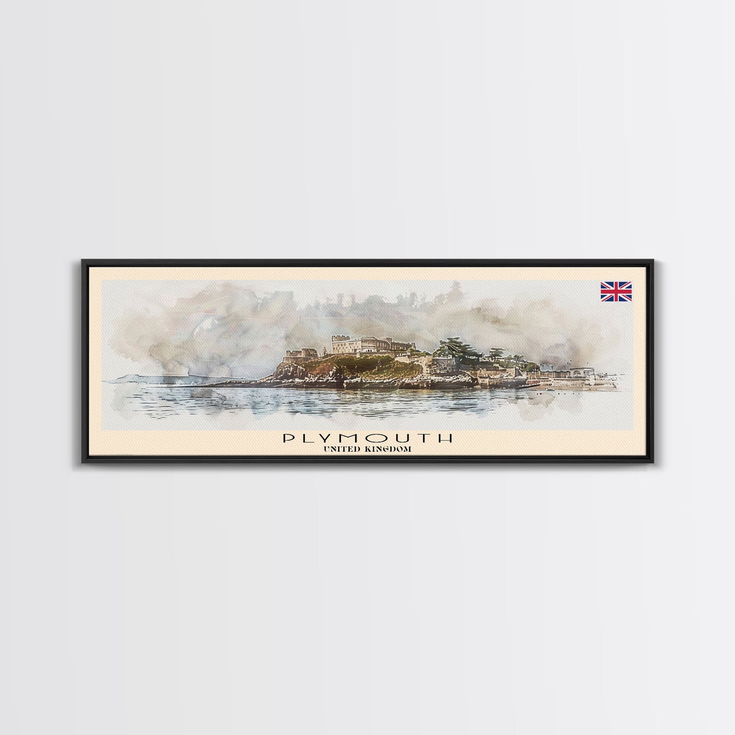 Plymouth United Kingdom Panoramic Travel Poster, Framed Canvas Print or Metal Wall Art, Travel Art, Home Decor, Panoramic Painting, Midcentury Art