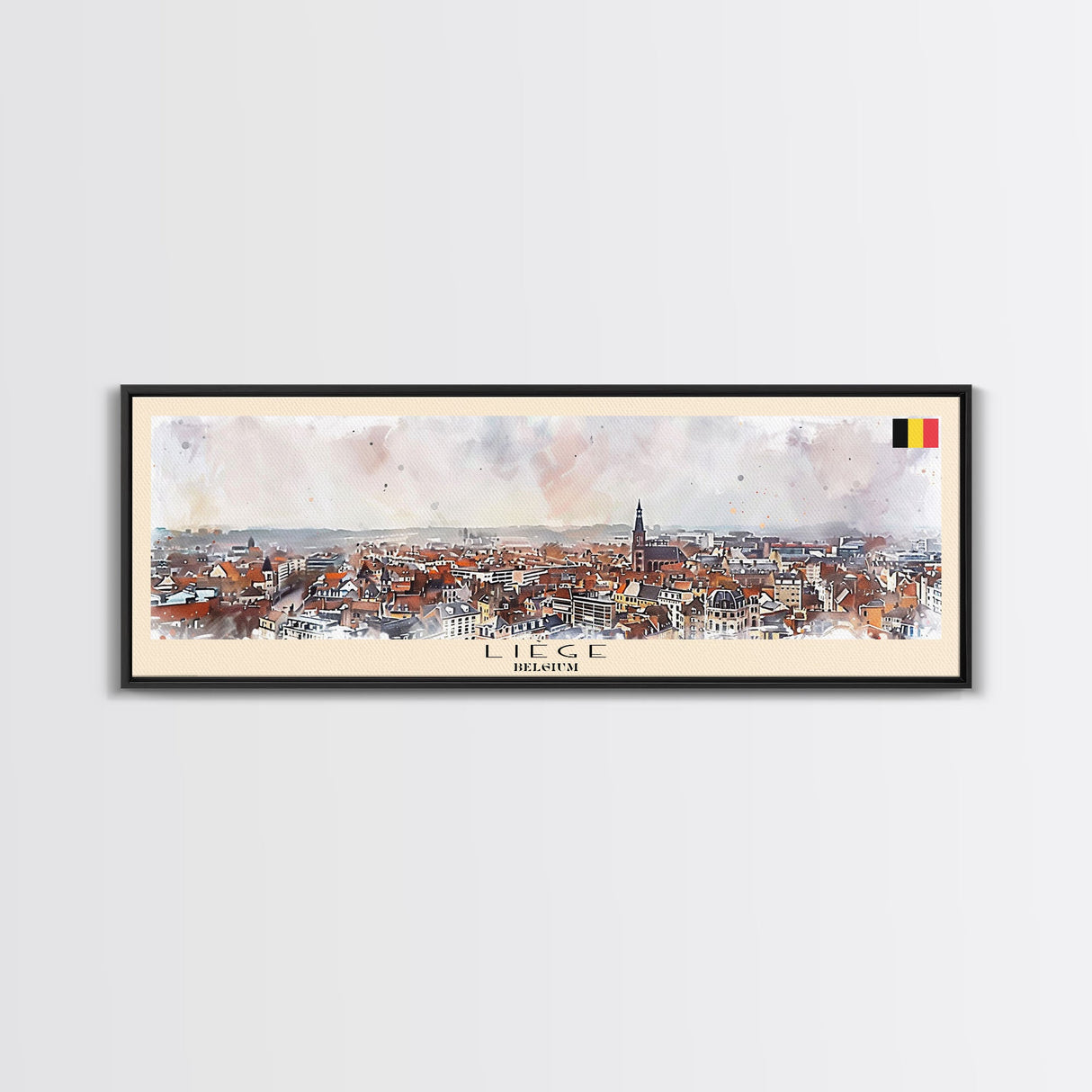 Liege Belgium Panoramic Travel Poster, Framed Canvas Print or Metal Wall Art, Travel Art, Home Decor, Panoramic Painting, Midcentury Art